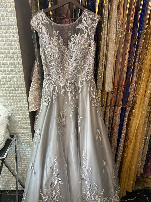 Starlit Elegance: Gray and Silver Princess Style Dress with Embellishments and Gemstones