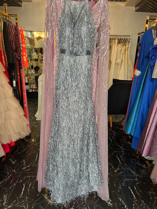 Silver Shimmer: A-Line Halter Neck Dress in Gray/ Silver Piñata Design