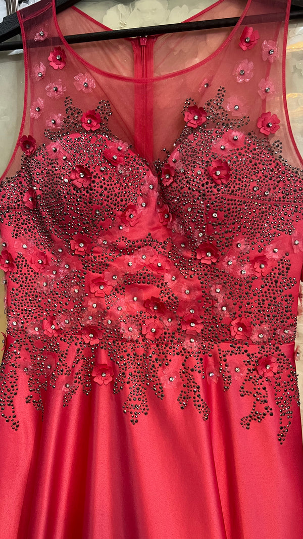 Peach Blossom Dream: Satin Pink Long Dress with Delicate Floral Embellishments