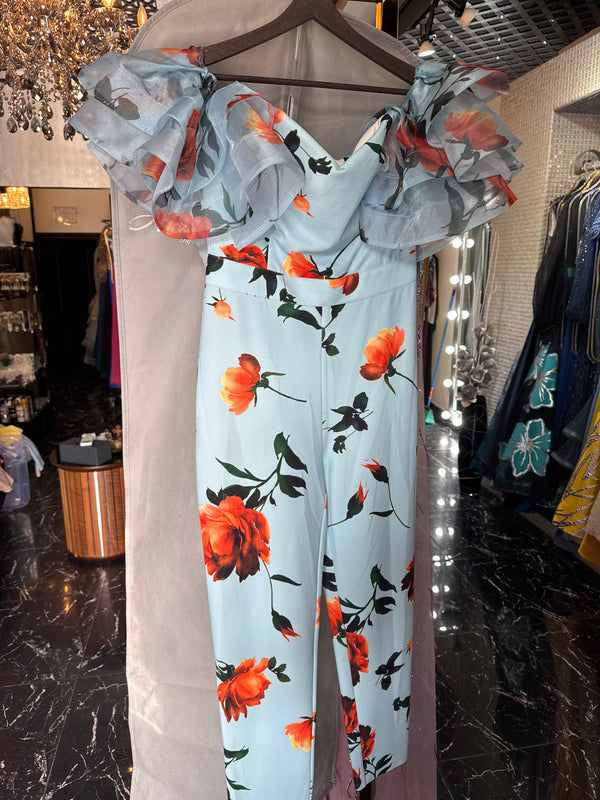 Sky Blossom: Off-Shoulder Baby Blue Jumpsuit