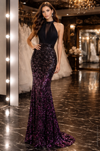 Midnight Sparkle: Black Halter Neck Dress with Iridescent Sequin Shimmer
