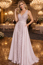 Blushing Elegance: Light Pink Mermaid Dress with Lace, Gems, Pearls, and Princess-like Flowing Skirt