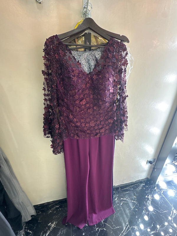 Rosy Elegance: Long-sleeved Jumpsuit V-neck with 3D Floral Applique