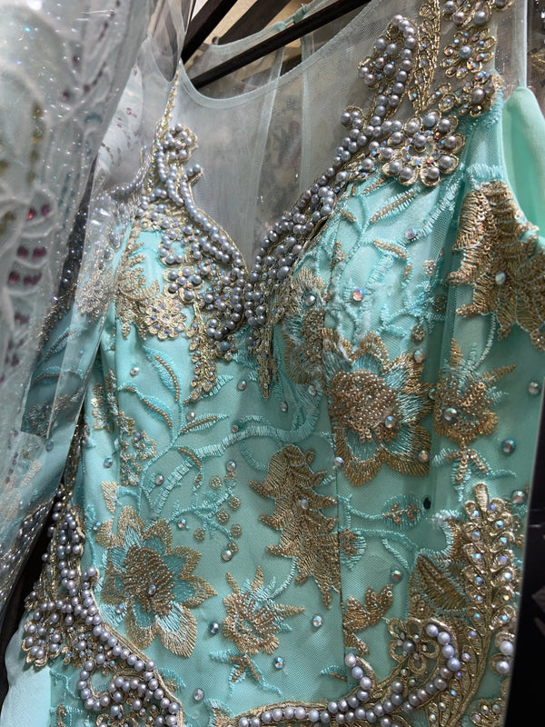 Azure Elegance: V-Neck Light Blue Mermaid Dress with Golden Accents
