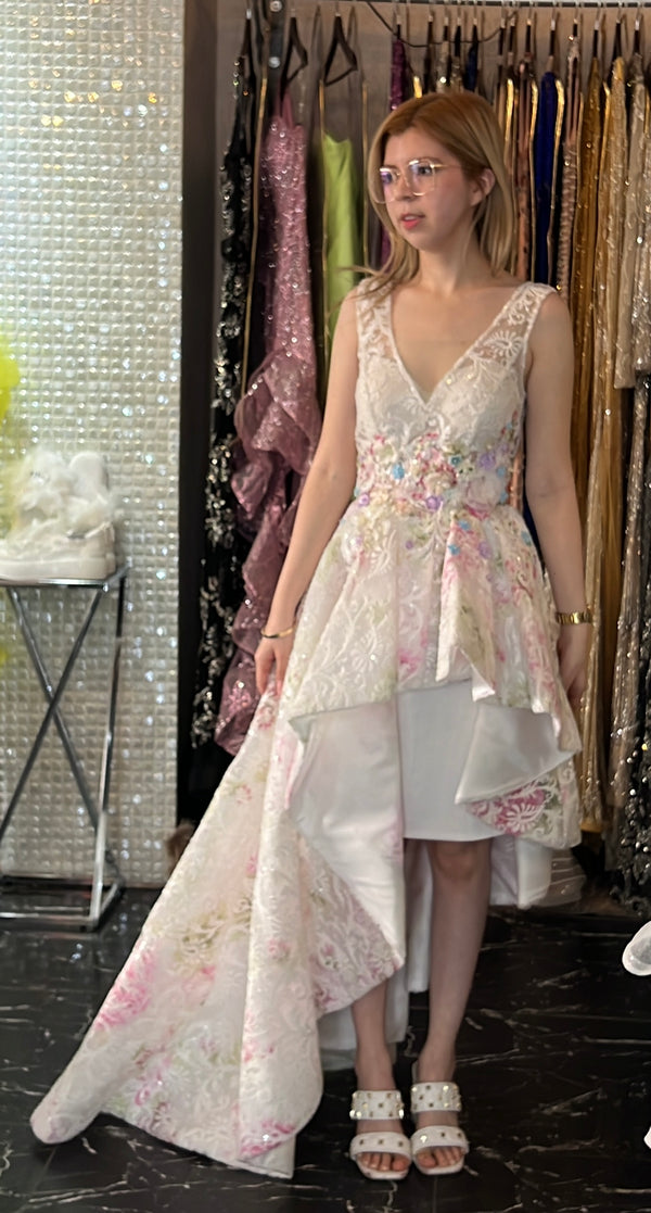 Spring Blossoms: Midi White Dress with Vibrant Floral Print, V-Neck, and Ruffled Skirt