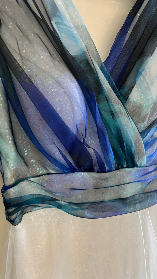Floral Cascade: V-Neck White Chiffon Dress with Sequined Layers and Blue, Green, and Black Flower Print