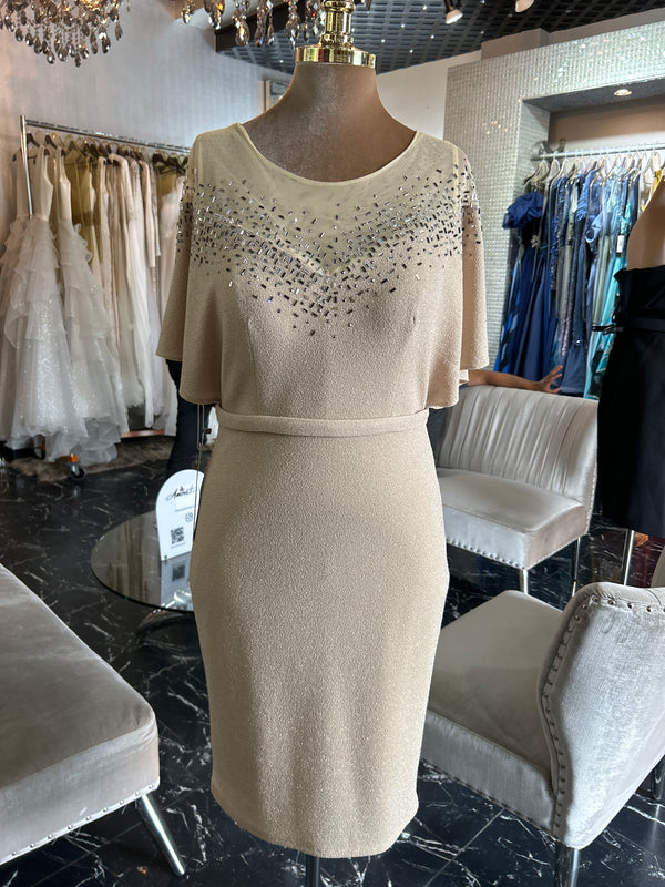 Shimmering Sands: Short Beige Sparkling Dress with Sheer Gold Top & Cap Sleeves