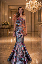 Gray-orange multicolor brocade dress
