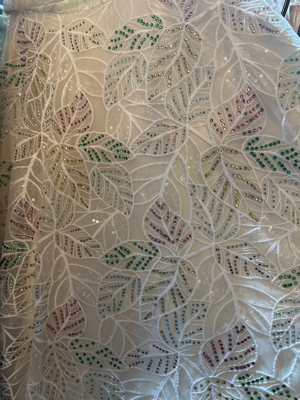 Dazzle Blossoms: Off-Shoulder V-Neck Princess Dress with Multicolored Leaf-like Gems