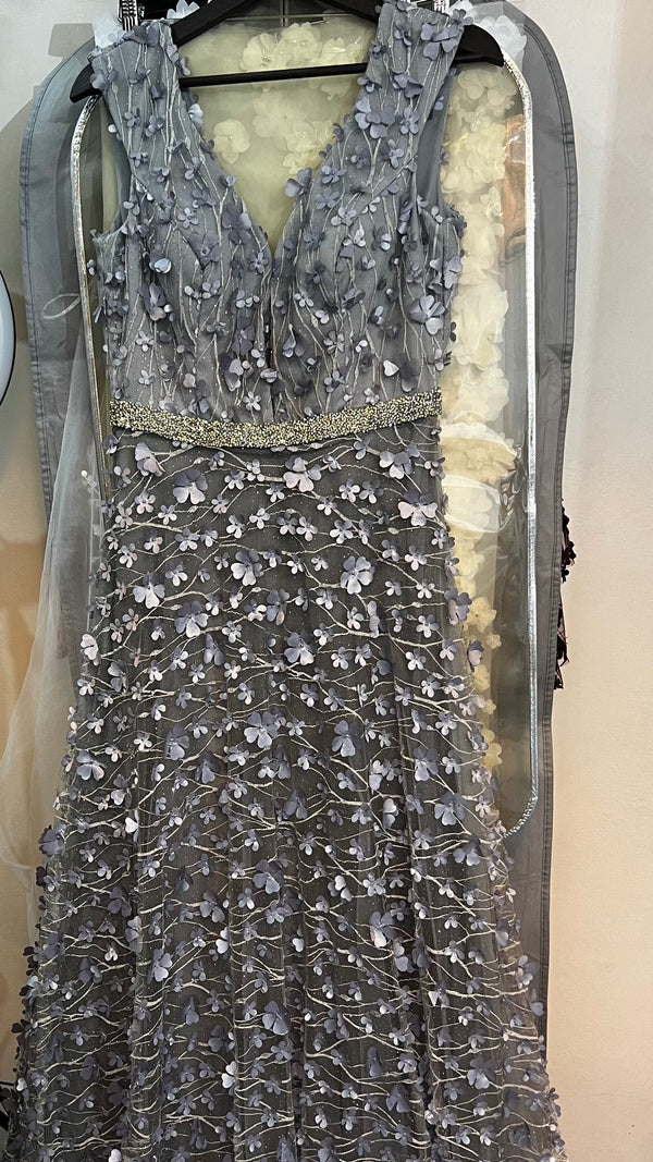 Shimmering Silver Blooms: A-Line Gray and Silver V-Neck Dress