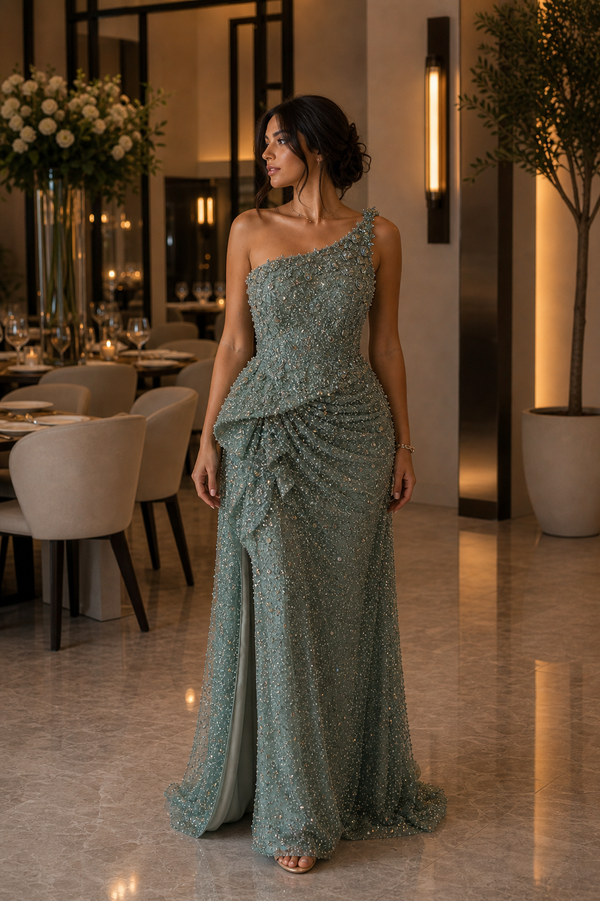 Sage Green Evening Dress One Shoulder Beaded Slit Draped