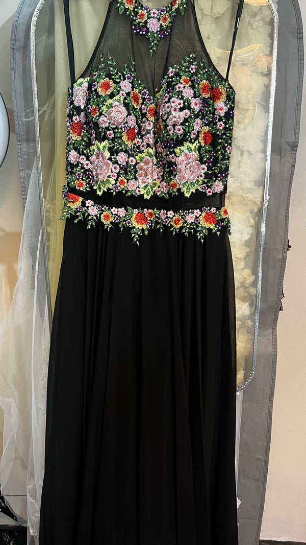 Midnight Blossom: Black Chiffon Halter Neck Dress with Pink and Red Flower Appliques