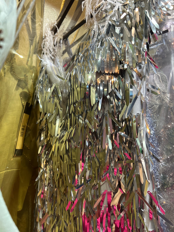 Shimmering Mirage: Silver Sequin Line Mirror Dress with Feathered Neckline
