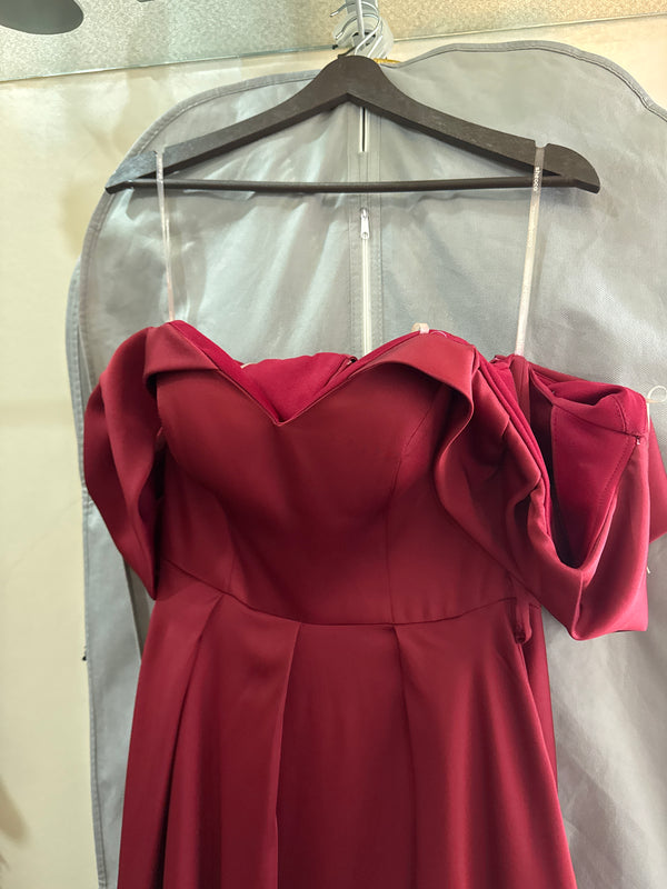 Ruby Blaze: Off-Shoulder Satin A-Line Dress with Leg Slit and Diamond Belt