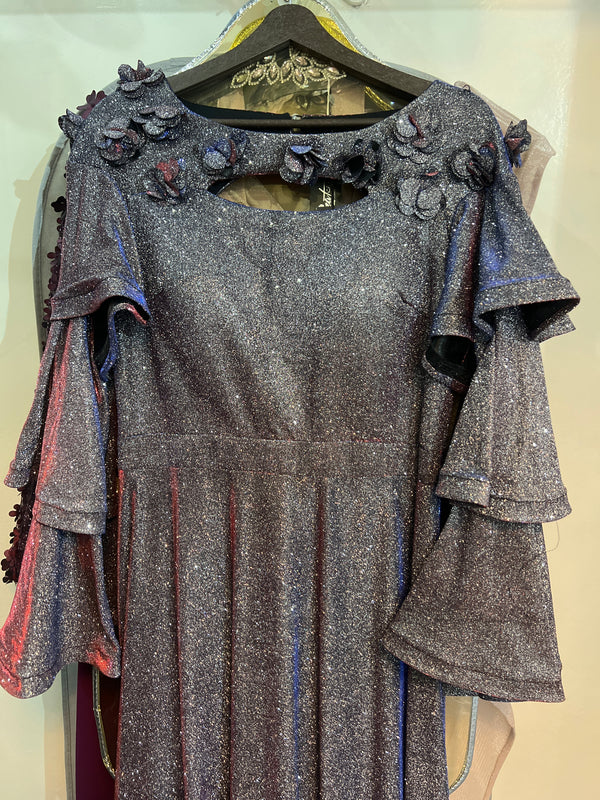 Twilight Sparkle: Iridescent Purple Dress with Ruffled Floral Sleeves
