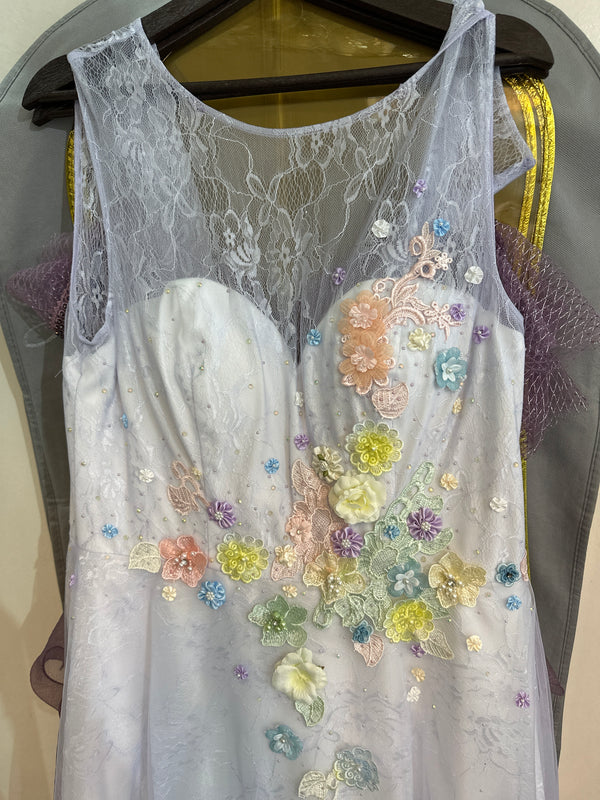 Lavender Blooms: A-Line White Lilac Dress with 3D Floral Embellishments