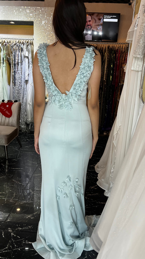 Sky Blue Blossom: 3D Floral Mermaid Dress with V-Back Detail
