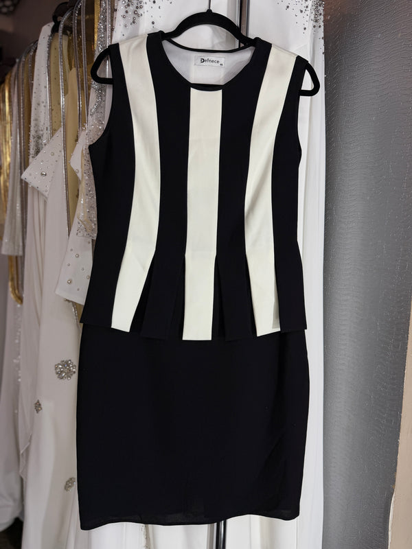 Vertical Monochrome Chic: Black and White Pencil Skirt Dress