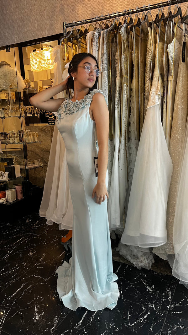 Sky Blue Blossom: 3D Floral Mermaid Dress with V-Back Detail