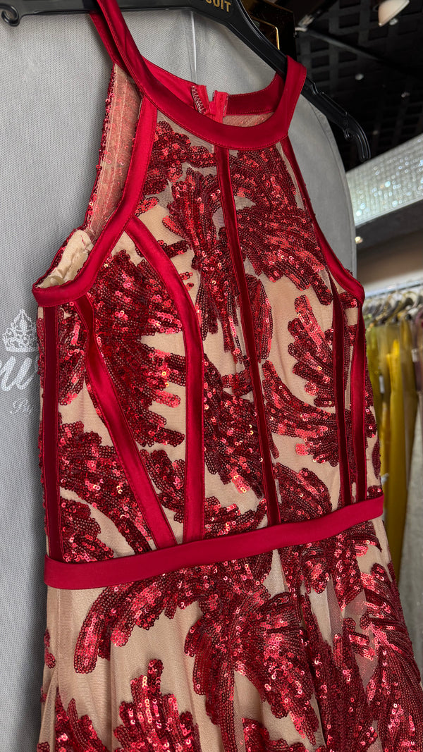 Fiery Sequin Halter Mini Dress in Beige and Red