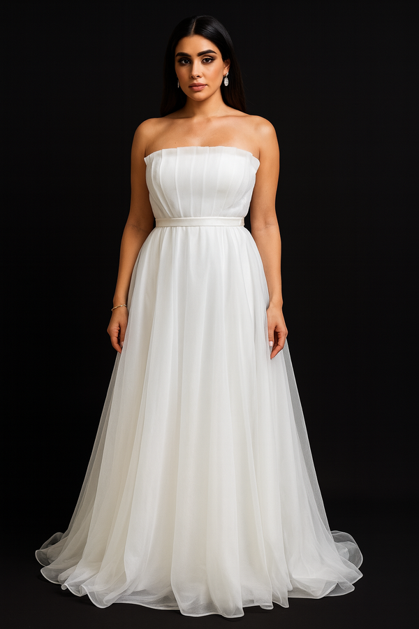 Silver Mist: Off-Shoulder White Dress with Delicate Thin Straps