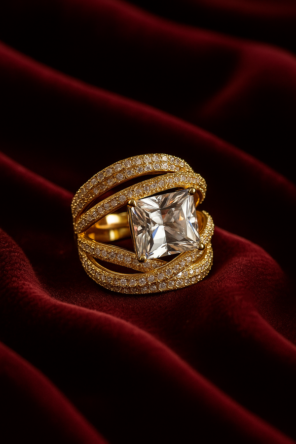 Anillo Dorado Diamante Rectangular