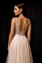 Blushing Beauty: A Sparkling V-Neck Chiffon Dress with Dazzling Florals & Sequins