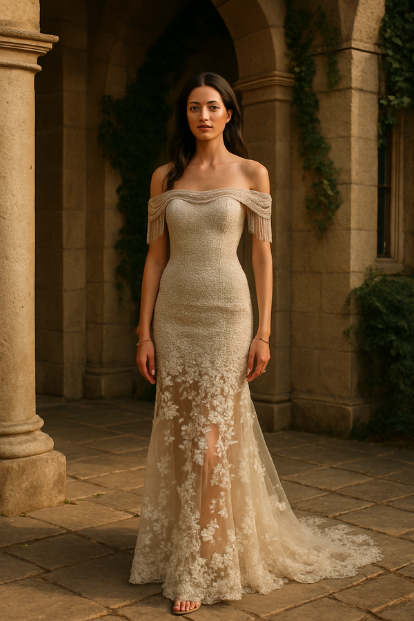 Glamourous Golden Mermaid: Off-Shoulder Dress with Stone Fringe