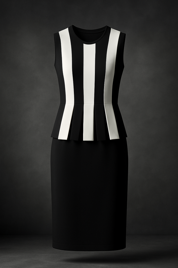 Vertical Monochrome Chic: Black and White Pencil Skirt Dress