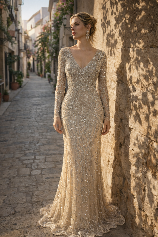 Creme goddess V-neck longsleeve beige dress