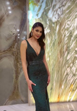 Emerald Elegance: Dark Green Long Dress with Green Bead Floral Designs