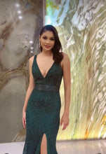 Emerald Elegance: Dark Green Long Dress with Green Bead Floral Designs