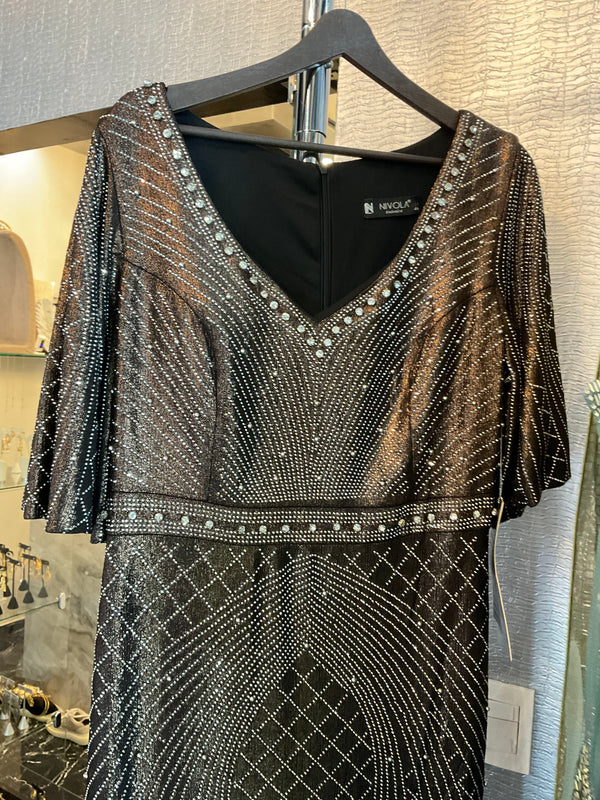 Earthy metallic V-neck dress