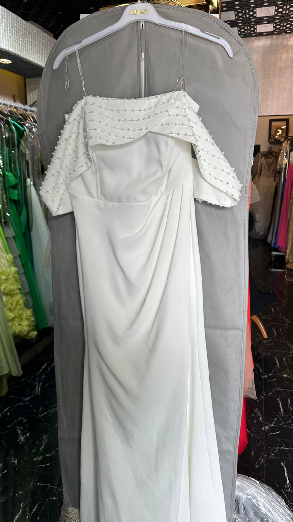 Plain White Dress with Pearled Off-Shoulder Top