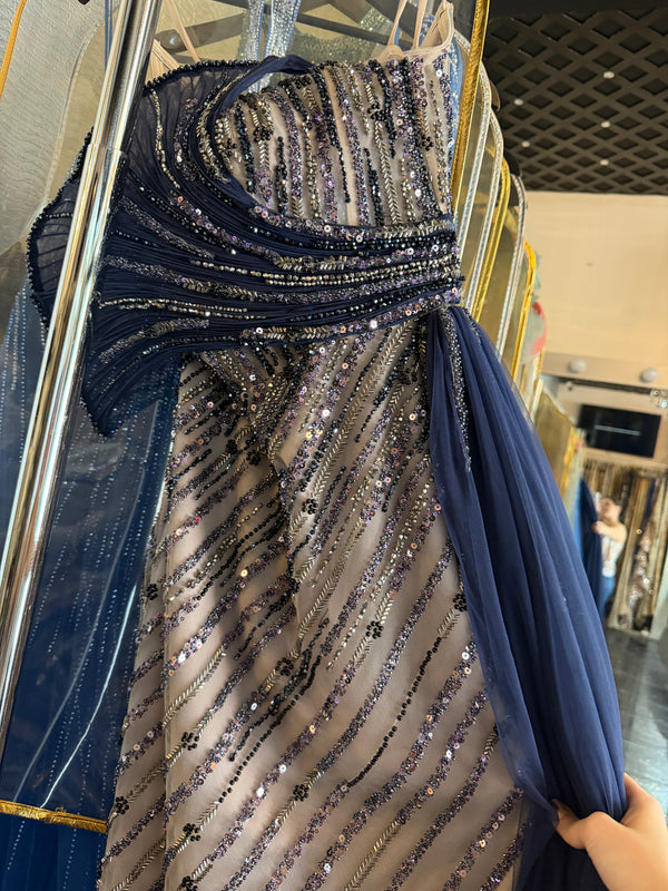 Nude Evening Dress Fitted Beaded Strapless Navy Draped Tulle