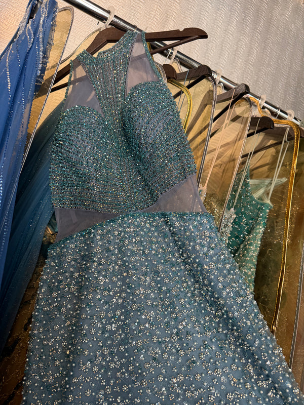 Teal Evening Dress A-Line Beaded Sheer Bodice High Neck