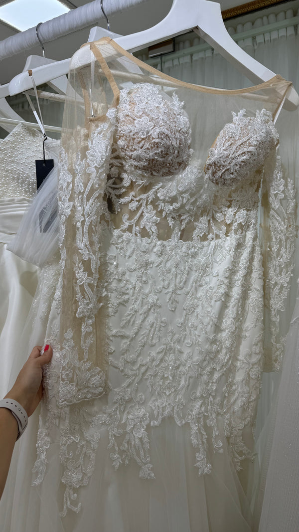 Vestido sirena manga larga aplicaciones/brillo + falda desmontable