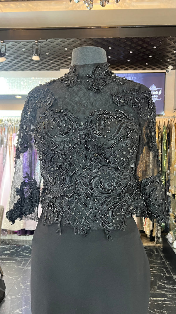 Creamy Elegance: Lace Set (Top and Skirt) with Appliques & Turtle Neck