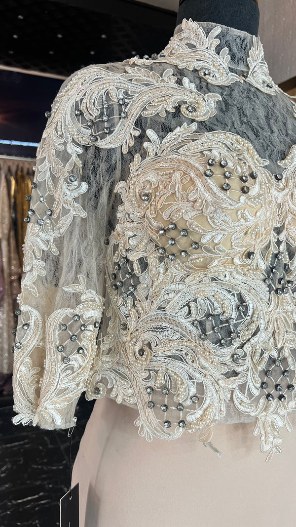 Creamy Elegance: Lace Set (Top and Skirt) with Appliques & Turtle Neck