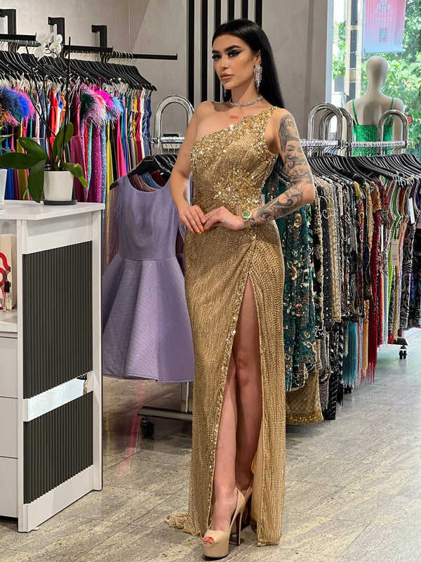 Yasmin one-shoulder embroidered dress