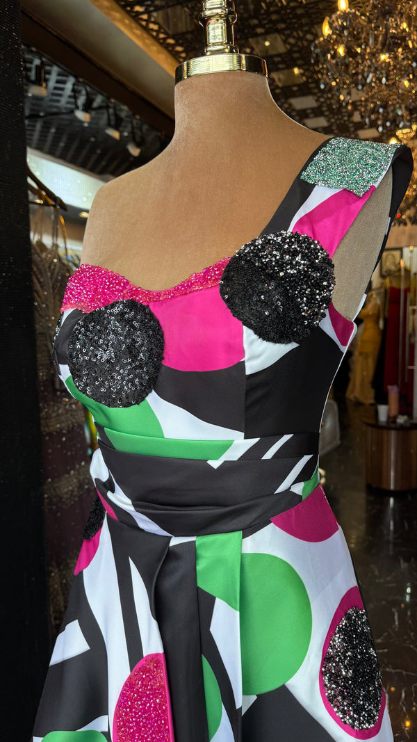 Tricolor polka dot A-line dress