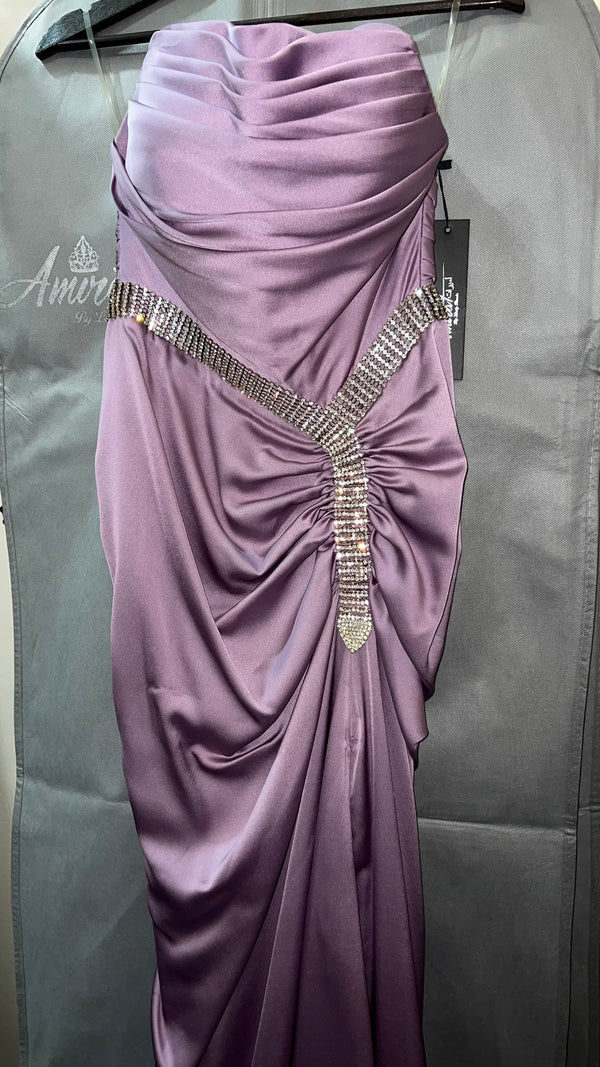 Crystal Elegance: Strapless Long Dress with Waist and Leg Slit Crystal Belt