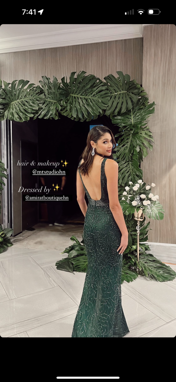 Emerald Elegance: Dark Green Long Dress with Green Bead Floral Designs