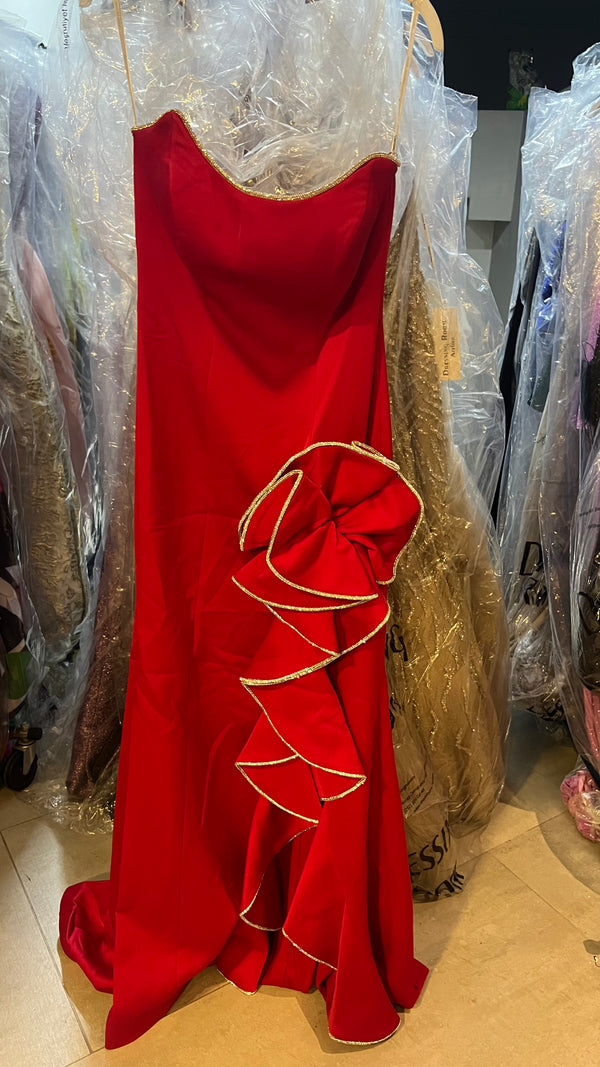 Rose in strapless red dress