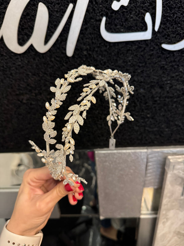 Diadema doble de perlas y zirconas (hojas)