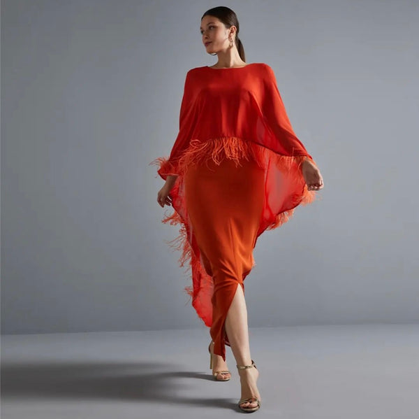 Sophistication feathered dress with cape
