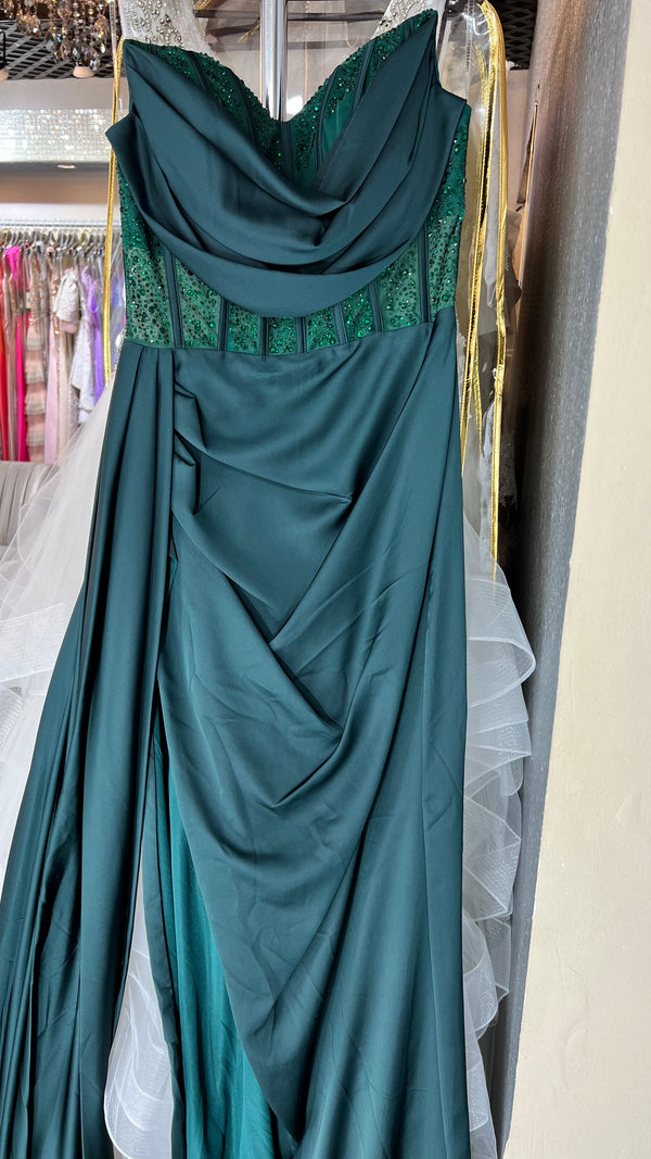 Emerald Enigma: Strapless Draped Corset Gown