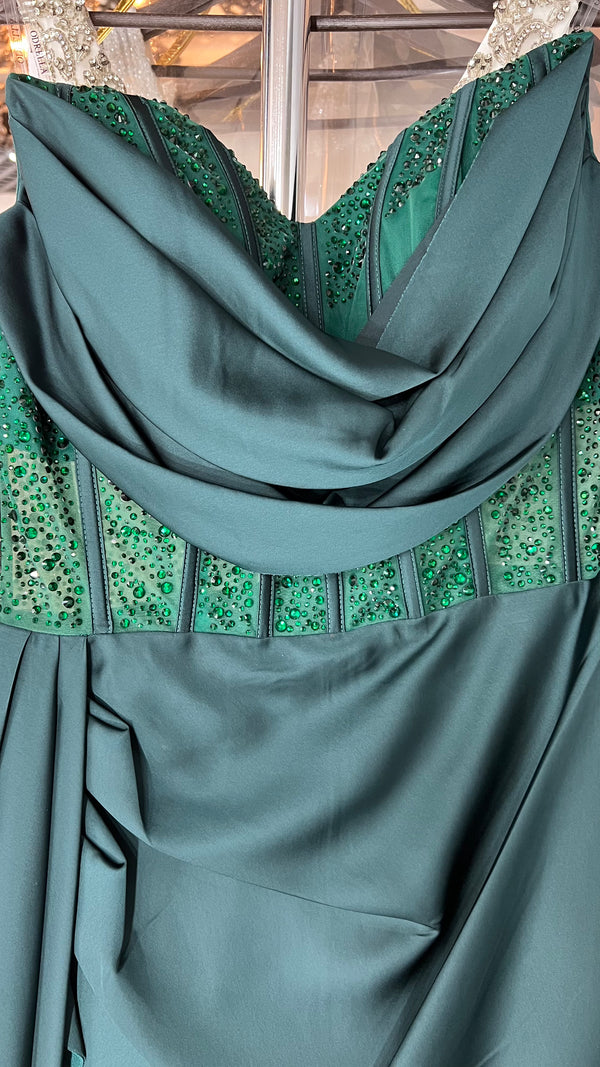 Emerald Enigma: Strapless Draped Corset Gown