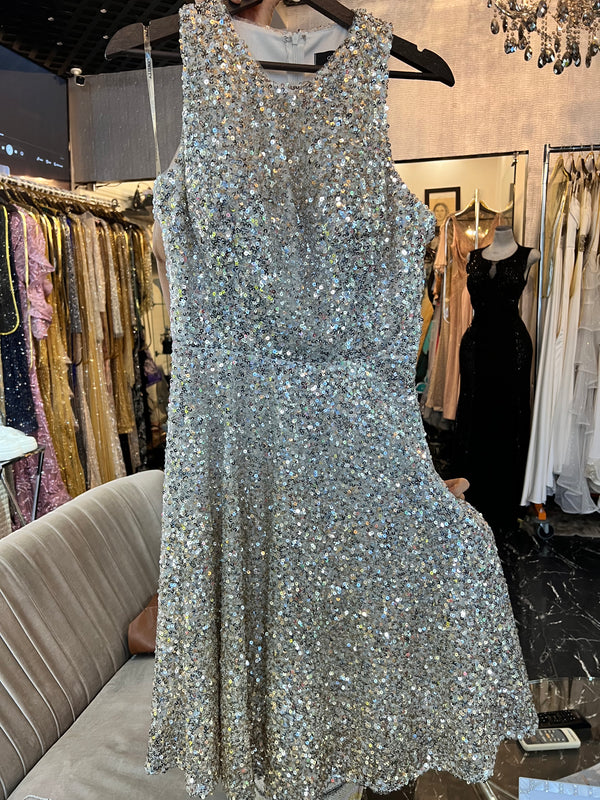 Flowy White: Dress with Golden Sequins and Backline Detail