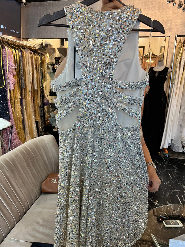 Flowy White: Dress with Golden Sequins and Backline Detail